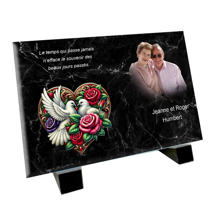 Plaque souvenir marbre noir et cœur personnalisée avec photo – hommage Métaphotoart