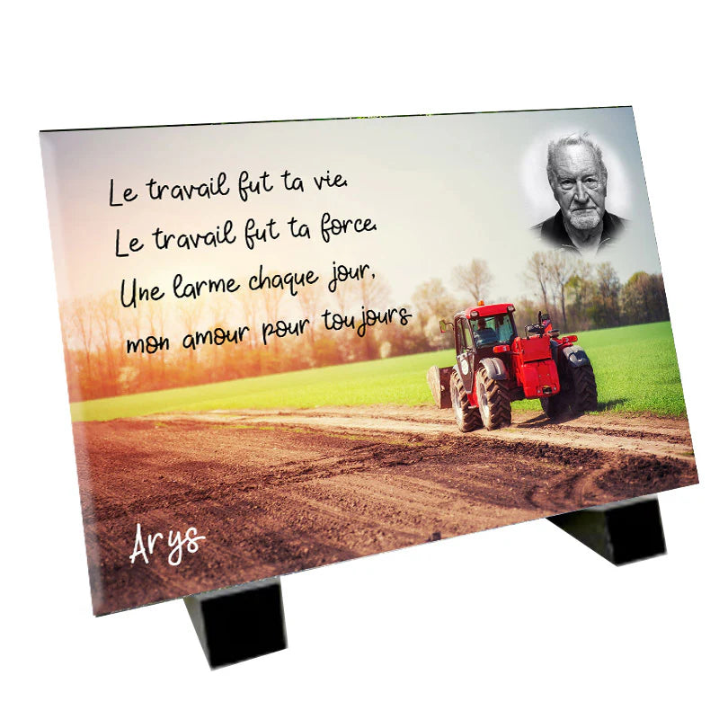 Plaque souvenir agriculteur personnalisée avec photo et tracteur – hommage métier Métaphotoart