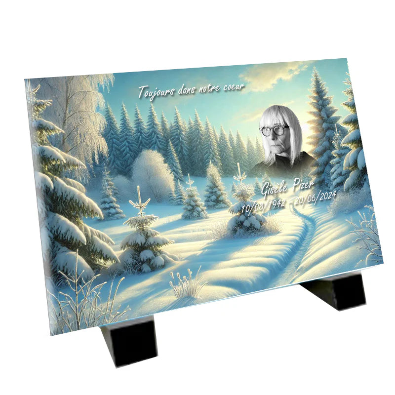 Plaque souvenir hiver personnalisée avec photo – paysage serein Métaphotoart