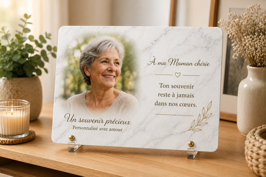 Plaque souvenir personnalisée avec photo posée dans un intérieur chaleureux, fabrication française
