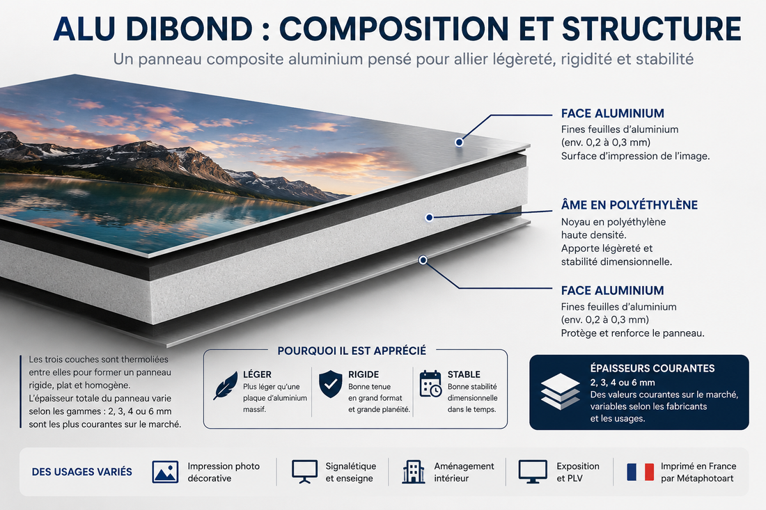 Structure d'un panneau Alu Dibond avec deux parements en aluminium et une âme centrale