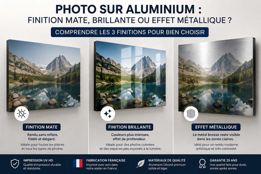 Comparatif d'une photo sur aluminium en finition mate, brillante et effet métallique