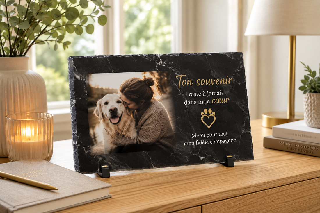 Plaque souvenir personnalisée avec photo sur support marbre noir dans un intérieur chaleureux