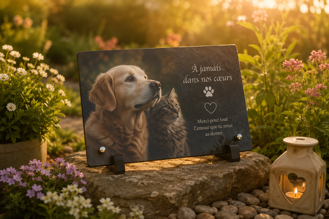 Plaque souvenir personnalisée pour chien ou chat posée dans un jardin au coucher du soleil