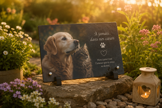 Plaque souvenir personnalisée pour chien ou chat posée dans un jardin au coucher du soleil