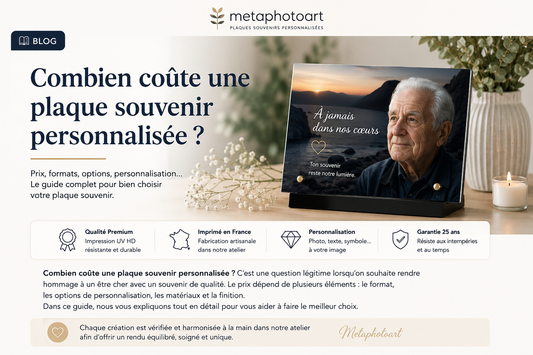 Combien coûte une plaque souvenir personnalisée – exemple de plaque souvenir avec photo fabriquée en France.