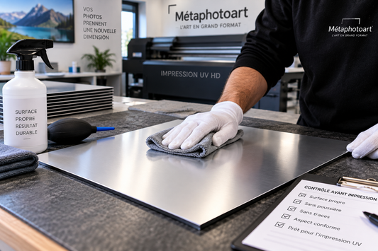 Préparation de la surface d'une plaque aluminium avant impression UV
