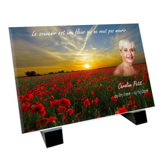 Plaque souvenir champ de coquelicots personnalisée avec photo – paysage Métaphotoart