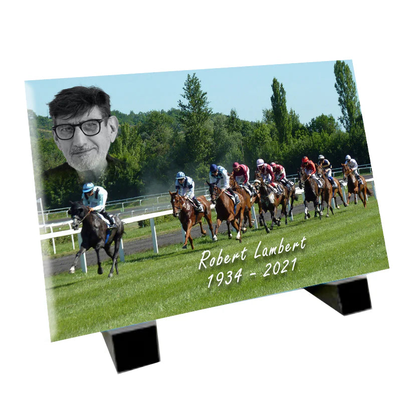 Plaque souvenir course hippique personnalisée avec photo – passion équestre Métaphotoart