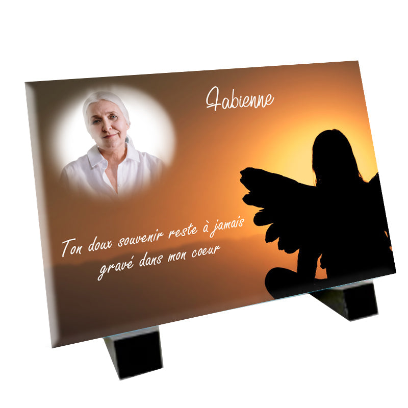 Plaque souvenir ange au coucher de soleil personnalisée avec photo – hommage Métaphotoart