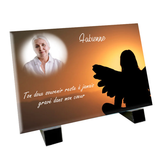 Plaque souvenir ange au coucher de soleil personnalisée avec photo – hommage Métaphotoart