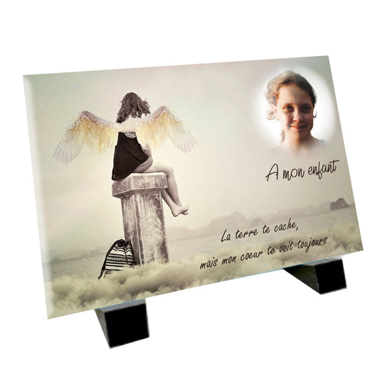 Plaque souvenir ange assis sur un pilier personnalisée avec photo – hommage Métaphotoart