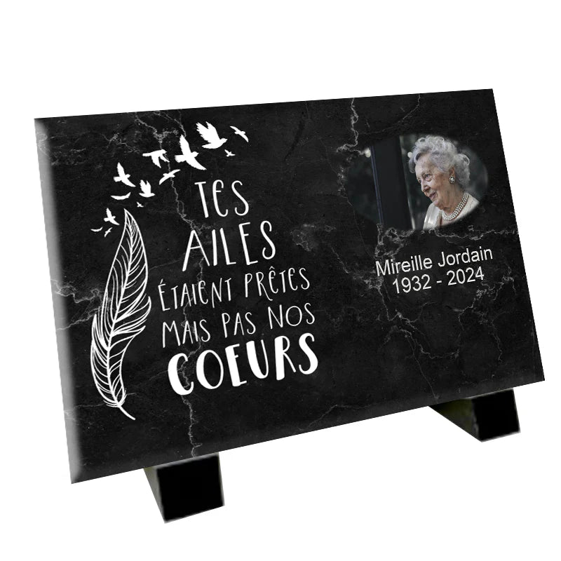 Plaque souvenir Tes Ailes marbre noir personnalisée photo et citation – hommage Métaphotoart