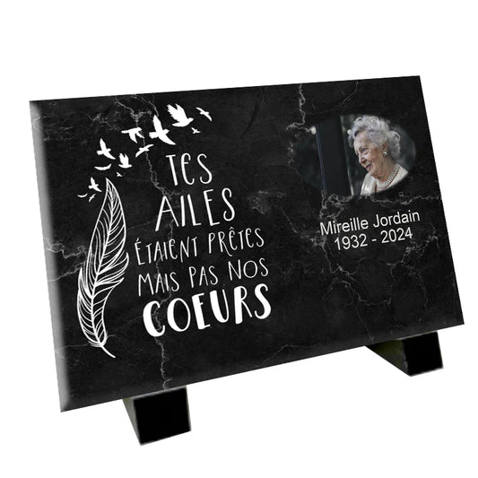 Plaque souvenir Tes Ailes marbre noir personnalisée photo et citation – hommage Métaphotoart