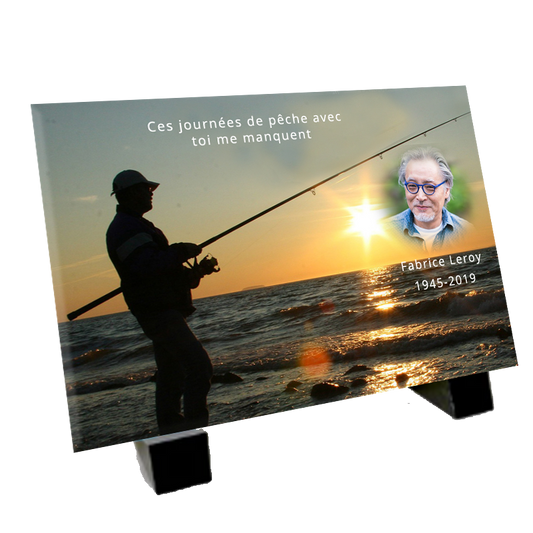 Plaque souvenir pêcheur au bord du lac personnalisée avec photo – passion pêche Métaphotoart