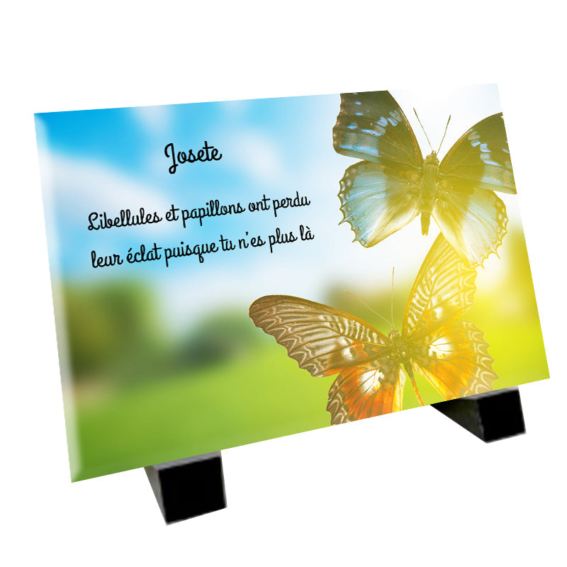 Plaque souvenir vol de papillons personnalisée avec photo – paysage hommage Métaphotoart