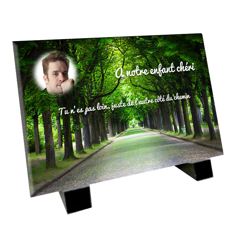 Plaque souvenir chemin arboré personnalisée avec photo – paysage nature Métaphotoart
