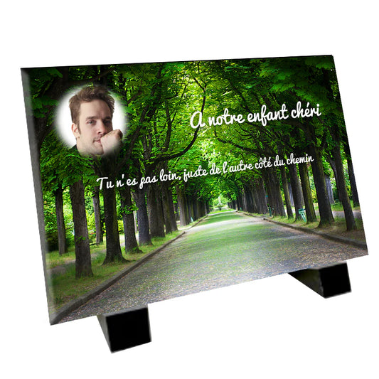 Plaque souvenir chemin arboré personnalisée avec photo – paysage nature Métaphotoart