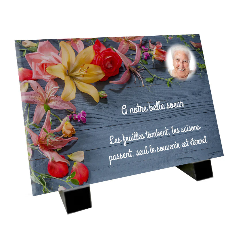 Plaque souvenir fleurie personnalisée avec photo – décor floral Métaphotoart
