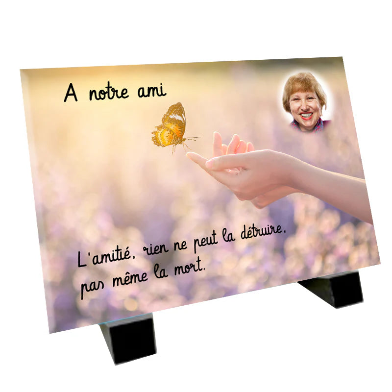 Plaque souvenir petit papillon personnalisée avec photo – hommage Métaphotoart