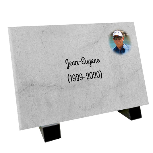 Plaque souvenir effet marbre blanc personnalisée avec photo – hommage élégant Métaphotoart